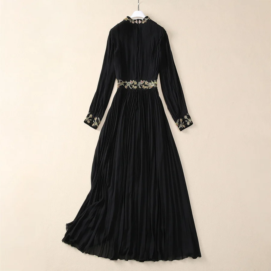 الملابس النسائية الأوروبية والأمريكية 2025 ربيع جديد طويل الأكمام الوقوف طوق رصع الخرز الزهور موضة فستان مطوي