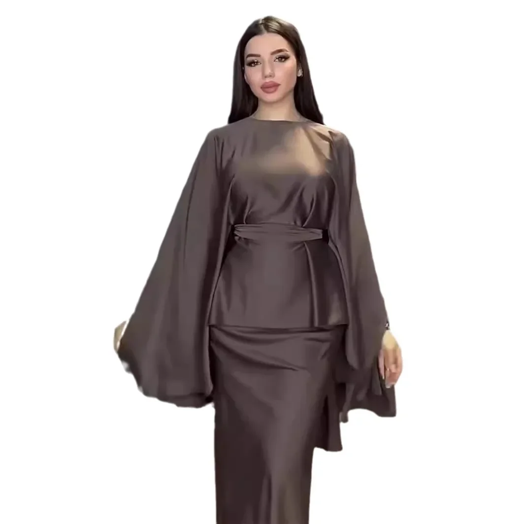 Batwing Butterfly Sleeve Satin Dress for Women Khimar Abaya Dubai Muslim Dress Womne Kaftan Lace-up Abayas Caftan Femme Vestidos