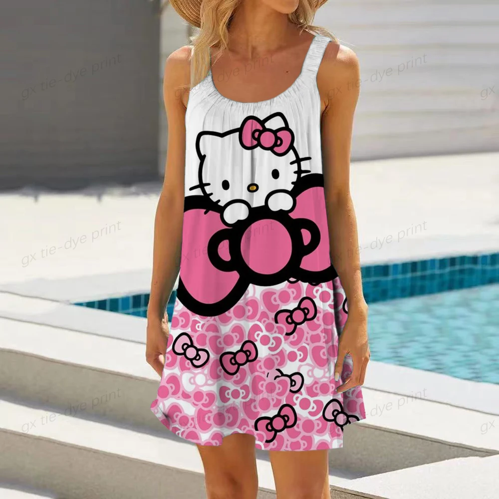 Summer Beach Mini Party Dress Loose Plus Size A-line Bohe Pleated Dress New Hello Kitty Sexy Dresses Women Spaghetti Strap Dress