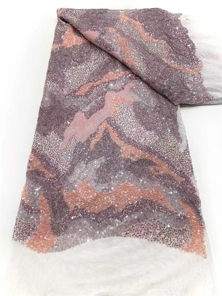 ผ้าลูกไม้ปักลูกปัดทำมือจากแอฟริกาขายส่ง, งานปักเลื่อมลูกปัดหนัก, ผ้าทูลล์ฝรั่งเศส, ผ้าตาข่าย, หรูหรา, งานแต่งงาน, 5 หลา