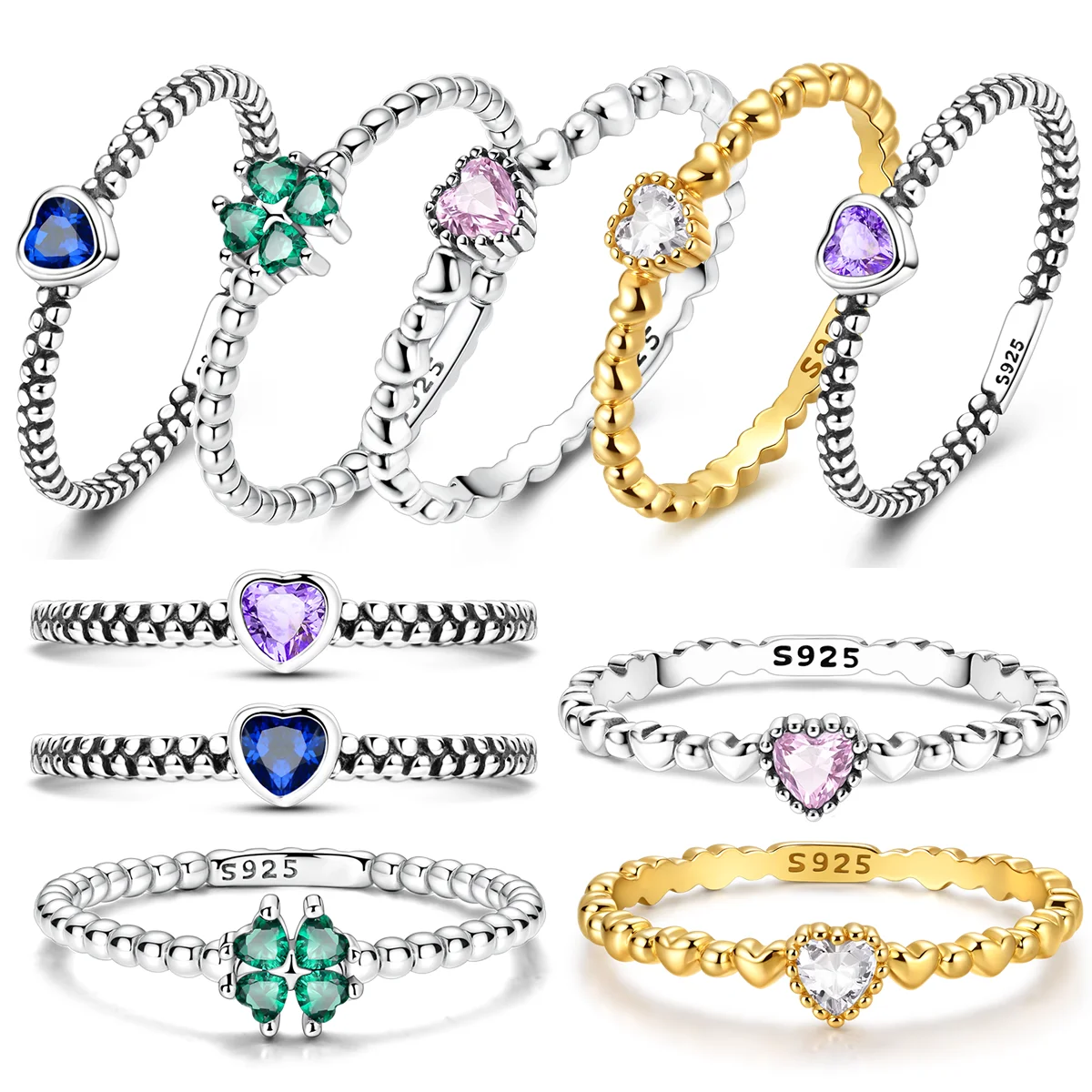 925 Sterling Silver Women Rings Sparkling Purple Pink Blue Zircon LOVE Heart Wedding Ring Engagement Jewelry Anniversary Gifts