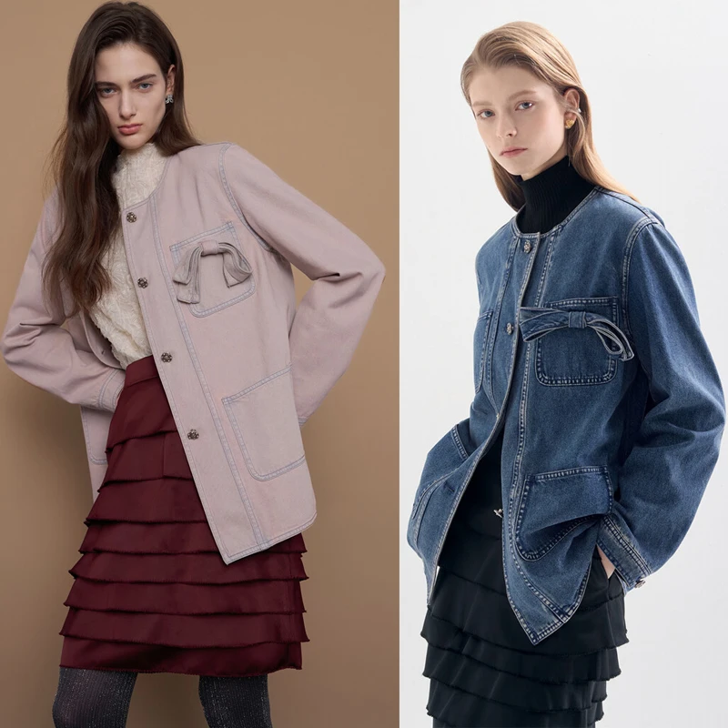 

Женская джинсовая куртка Ele Denim с круглым вырезом и узлом на талии, модная осенняя верхняя одежда 2025 года, омолаживающий эффект