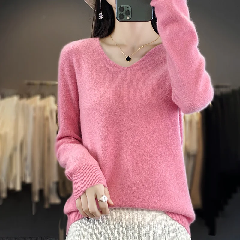 Women\'s 100% Wool First-line ready to wear Clothing Spring Autumn V-Neck Knitted Pullover Slim Fit Fashion Versatile Basic Tops