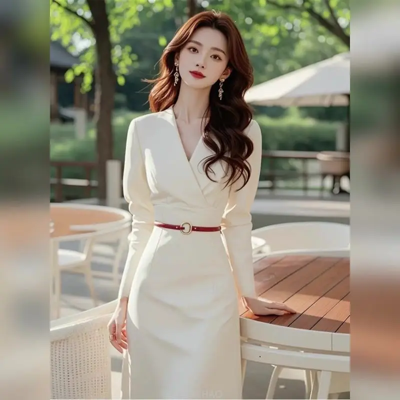 

2025 Korean Elegant Office Lady Dress Women's V-Neck Long Sleeved Slim Sheath Vestidos With Belt Spring New White Temperament