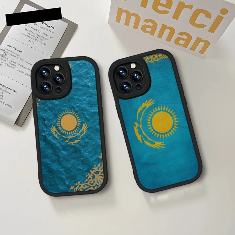 Kazakhstan Flag Phone Case Black For IPhone 14 11 13 12 Pro Max Mini Xs X Xr 7 8 Plus SE2020 Leather Silicone Soft Texture Coque