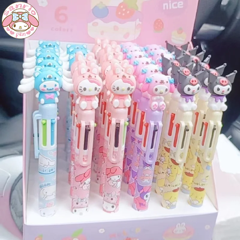 

36pcs Sanrio Cartoon 6-color Ballpoint Pen Silicone Hello Kitty Kuromi Melody Cute Mini Students Learn To Press Pens Exam Reward