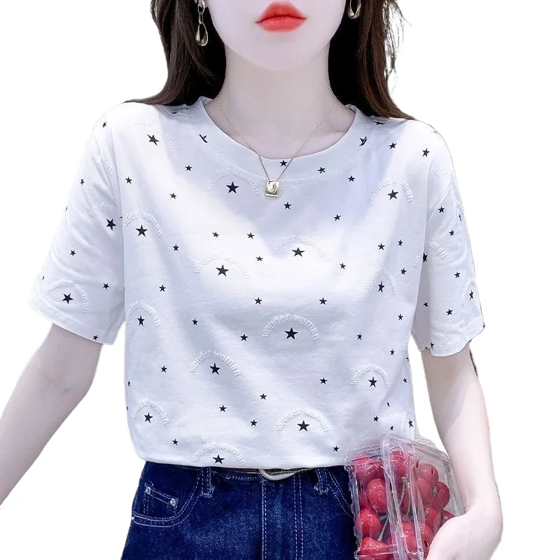 

Star Print Short Sleeved T-shirt 2025 Summer New Women's Round Neck Loose Versatile Top Korean Version Simple Commute Tee