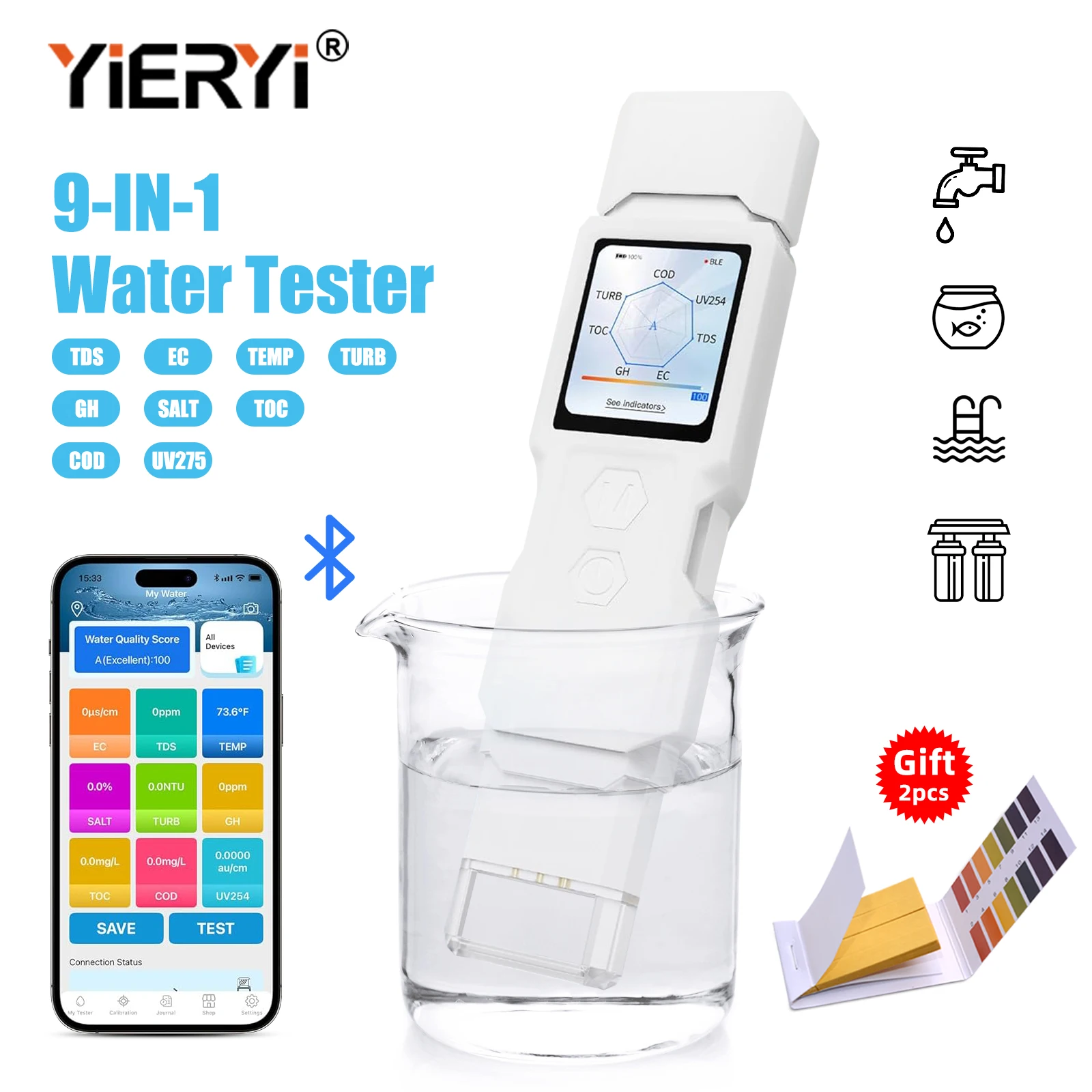 Yieryi 9 In 1 Portable Spectral Water Quality Detector TOC COD Turbidity TDS EC UV254 Salinity Hardness Temp Tester For Drinking