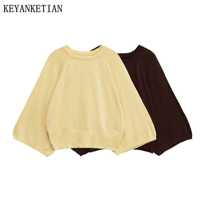 

KEYANKETIAN 2025 Summer New Women's Wide Three Quarter Sleeve Knitted Top Leisure style O-Neck Solid color Thin Loose Pullover