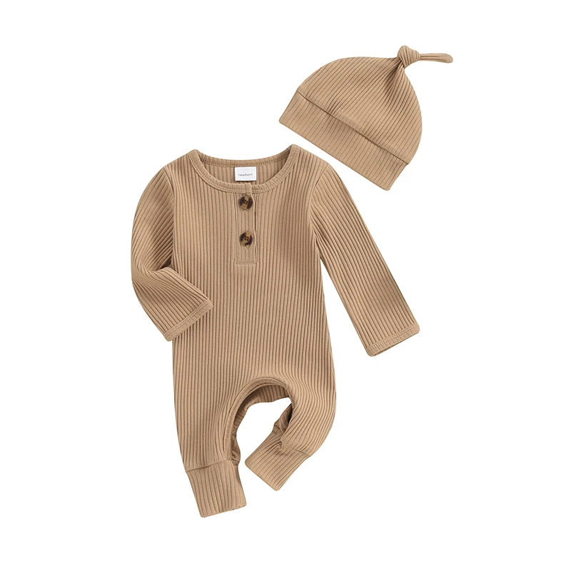 

Baby Girls Boys Autumn Romper Long Sleeve Crew Neck Solid Color Ribbed Button Jumpsuit with Hat