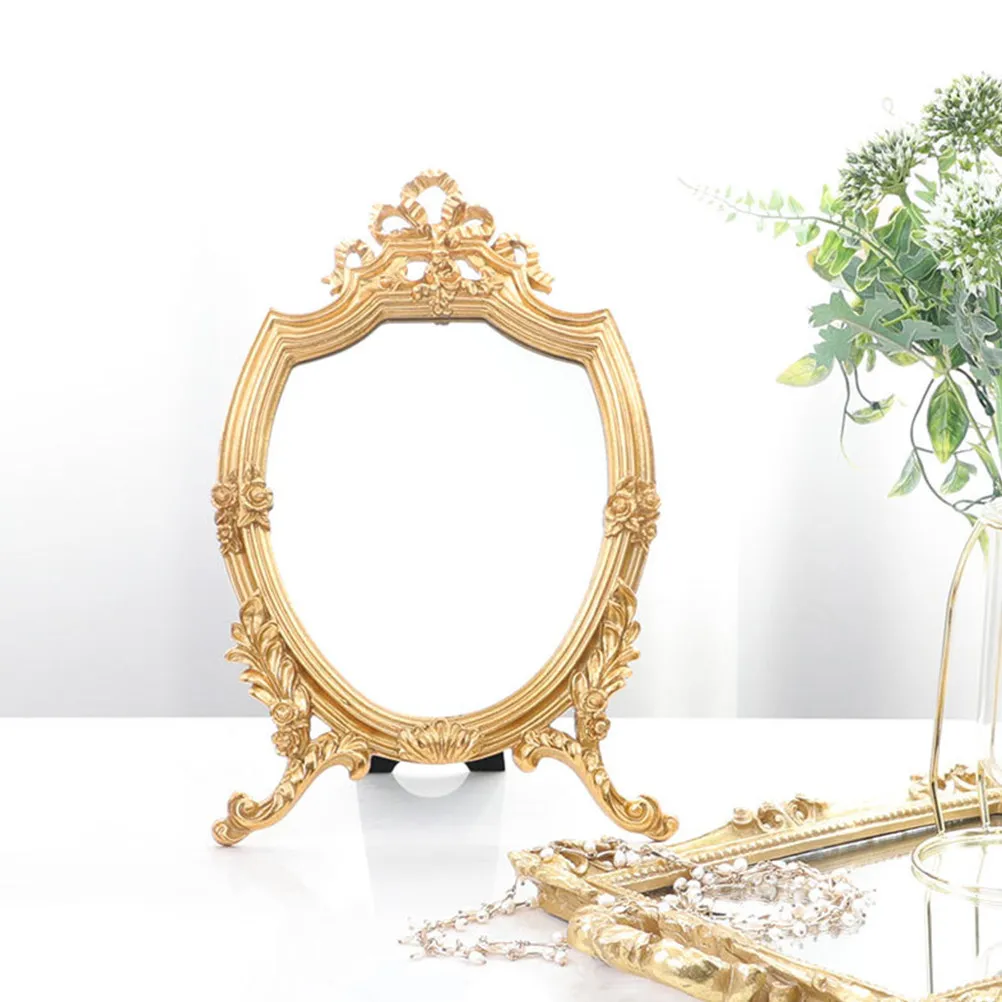 1Pcs Elegant Retro Carved Desktop Makeup Mirror Standing Mirror for Women High Clarity Reflective Surface Stable Base