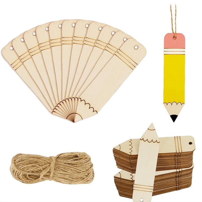 Lápis Em Branco De Madeira Em Forma De Marcador, Etiqueta Sem Pintado, Inacabado, Marcadores De Leitura De Madeira, Tag Pendurado, Artesanato DIY, 5m Corda, 10Pcs