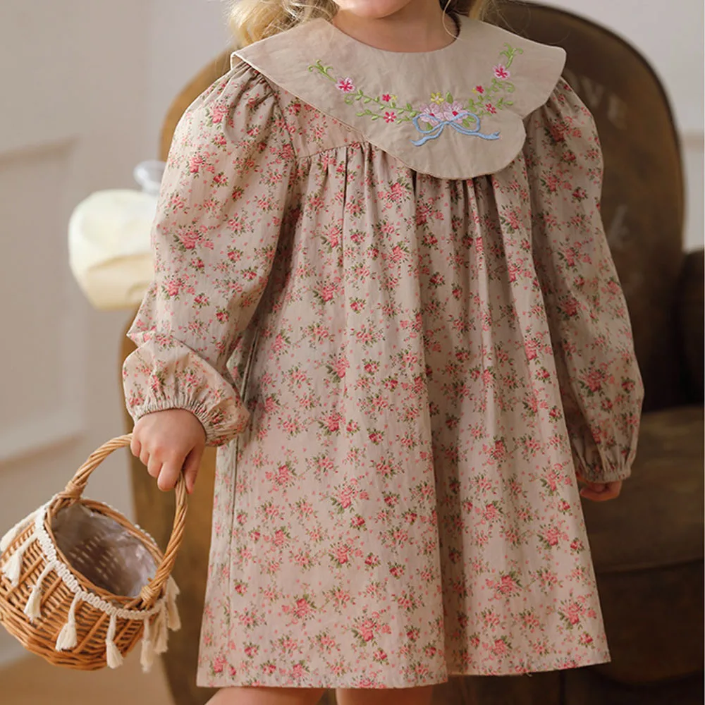 

Children'S Clothing Version Girls Elegant Dresses 2024 Autumn New Sweet Flower Embroidery Kids Princess Dress Long Sleeve Dress