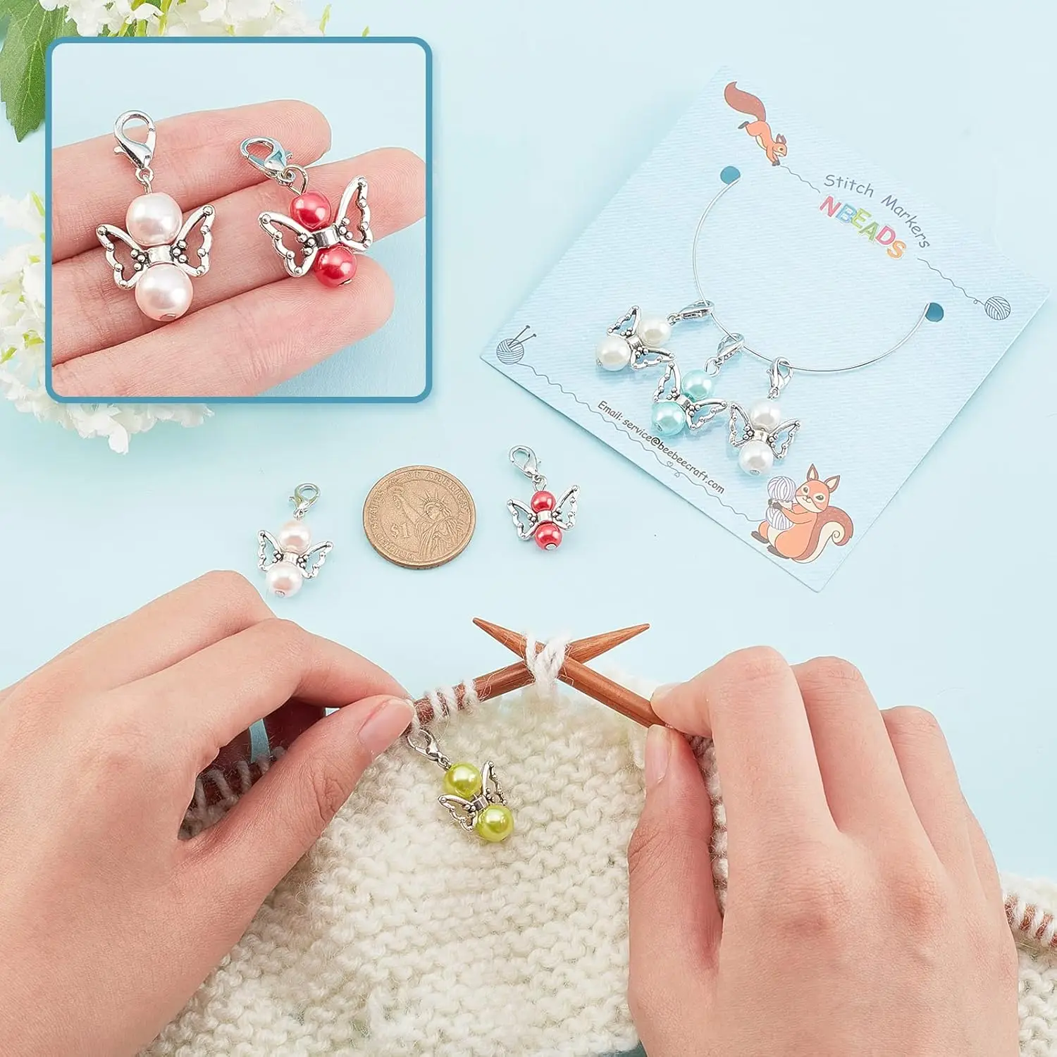 6 Pcs Angel Stitch Markers, Pearl with Wing Crochet Stitch Marker Charms Removable Dangle Locking Stitch Marker for Knitting