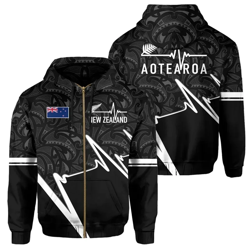 

New Zealand Flag Map 3D Print Zip Up Hoodies For Men Silver Fern National Emblem Sweatshirts Polynesia Hoodie Aotearoa Tracksuit