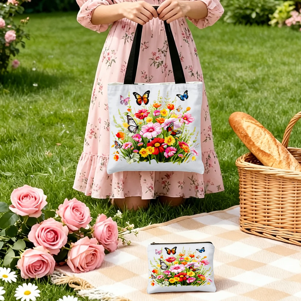 Floral Print Handbag Butterflies And Flowers Tote Bags And Makeup Bag Combination For Women Shopping Daily Use Portable Pouch view 2