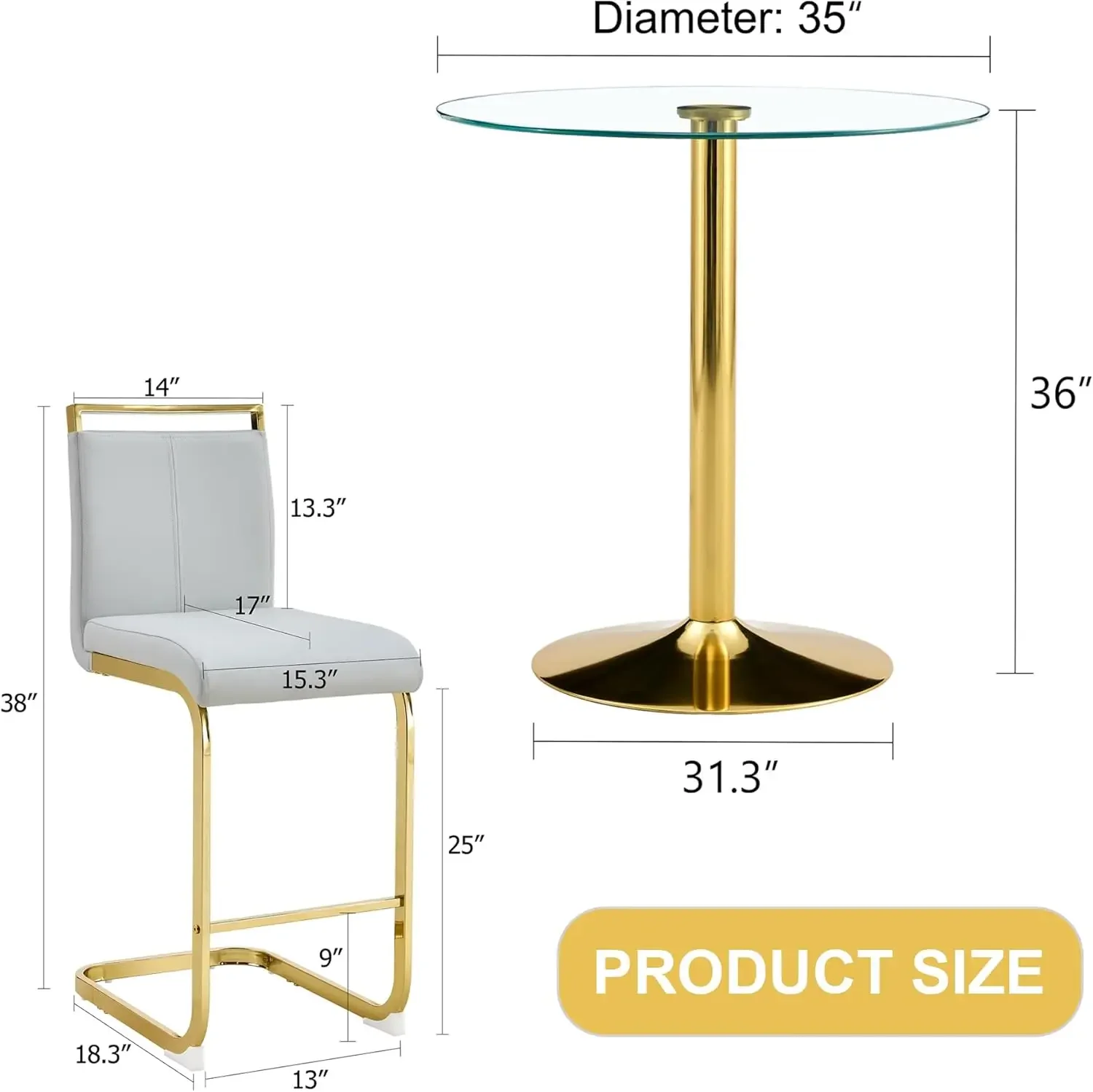 3- Round Bar Table Set,Round Counter Height Dining Table Set,35" Tempered Glass Pub Table and Light Grey Chairs,Round Gold bar