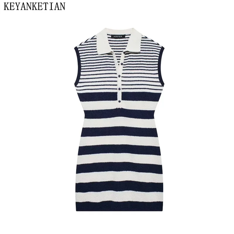 

KEYANKETIAN New Women's Horizontal Striped Knit Mini Dress Terry Cloth Texture Polo Slim Sleeveless Sundress Hip wrap Dresses