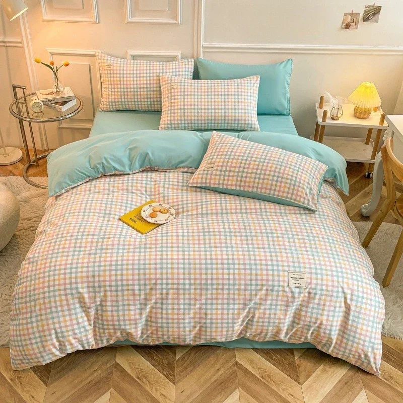 Japanese simple style plaid skin-friendly abrasive four-piece set, bedroom bedding washable sheets, quilt cover kit