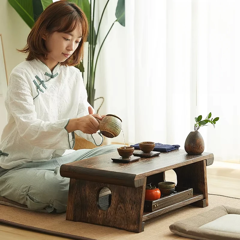 Vintage Solid Wood Tatami Table Japanese Style Foldable Bay Window Tea Desk Zen-Inspired Stand Wooden