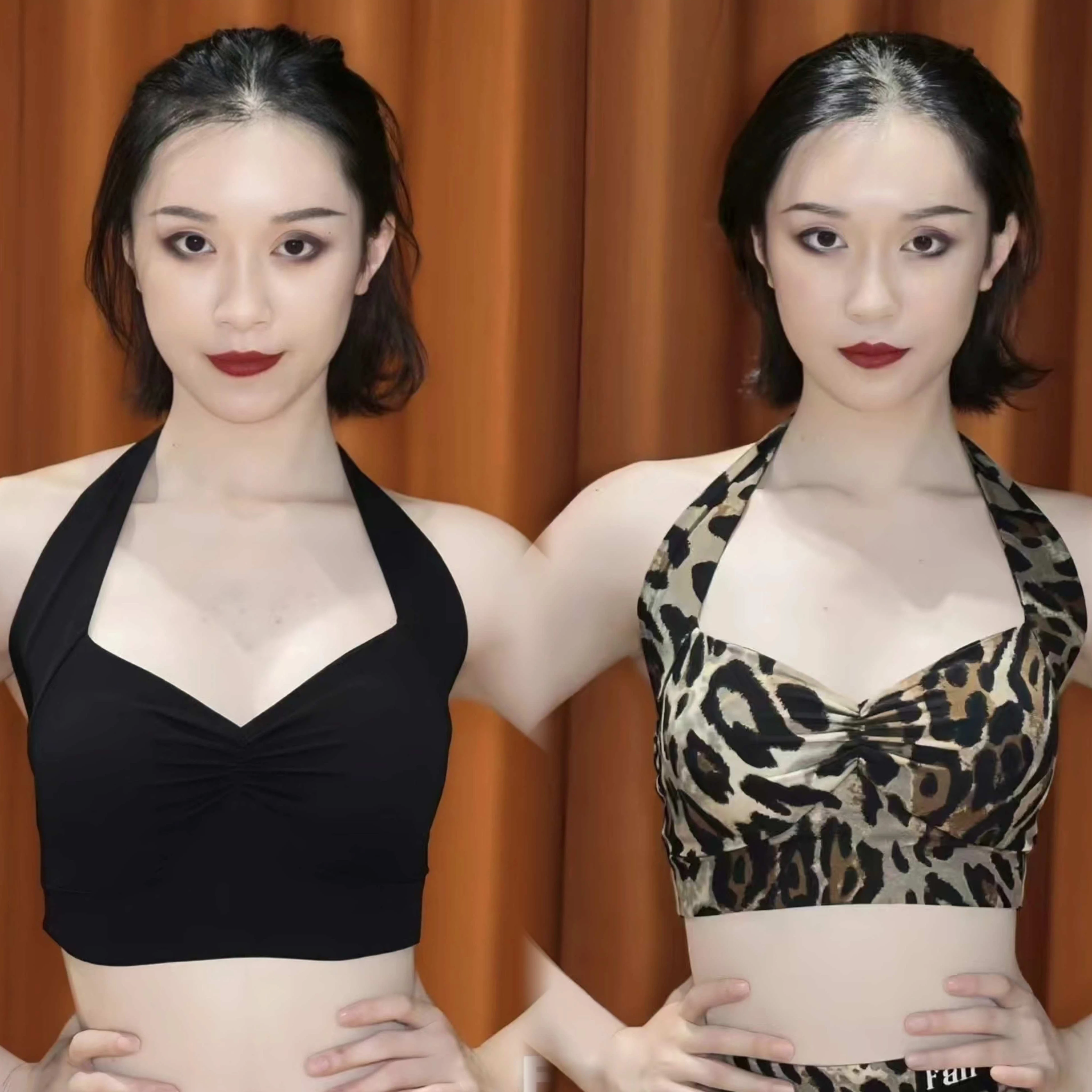 

Latin Dance Underwear Women Black Leopard Halter Neck Short Tops Sexy Professional Latin Dance Bra Sport Yoga Clothing DNV24208