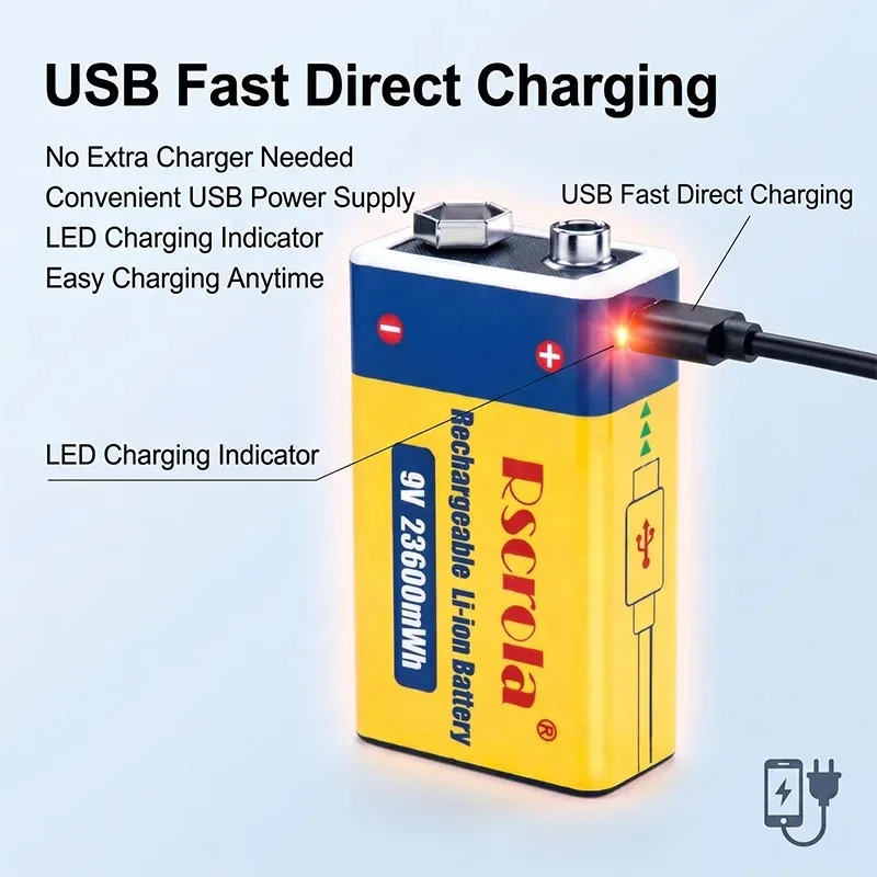 Long-Lasting USB-C Rechargeable 9V Li-ion Battery 23600mWh for Smoke Detector Walkie Talkie Multimeter Home Office with Cable