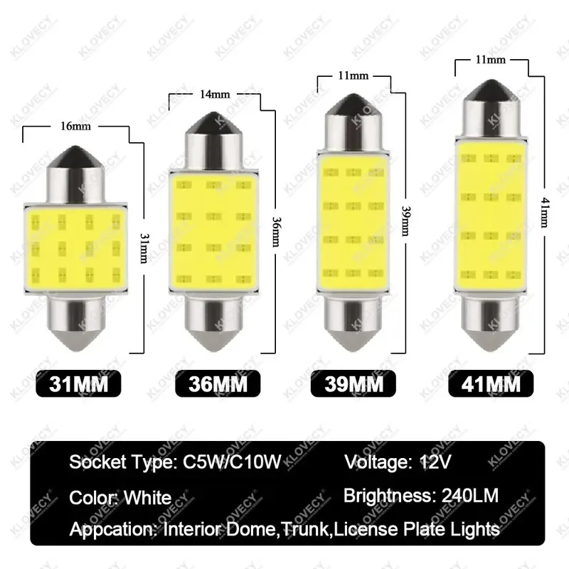 1/2/4PCS C10W C5W LED Bulb Festoon 31/36/39/41MM COB 12V 7000K White Car Interior Dome Reading License Plate Trunk Lights