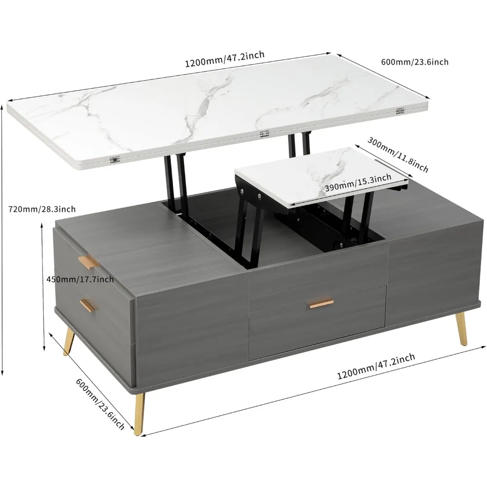 Lift Top Coffee Table with Storage Drawers, Modern Living Room Convertible Tables Dining Tables, Multi Functional Coffee Table