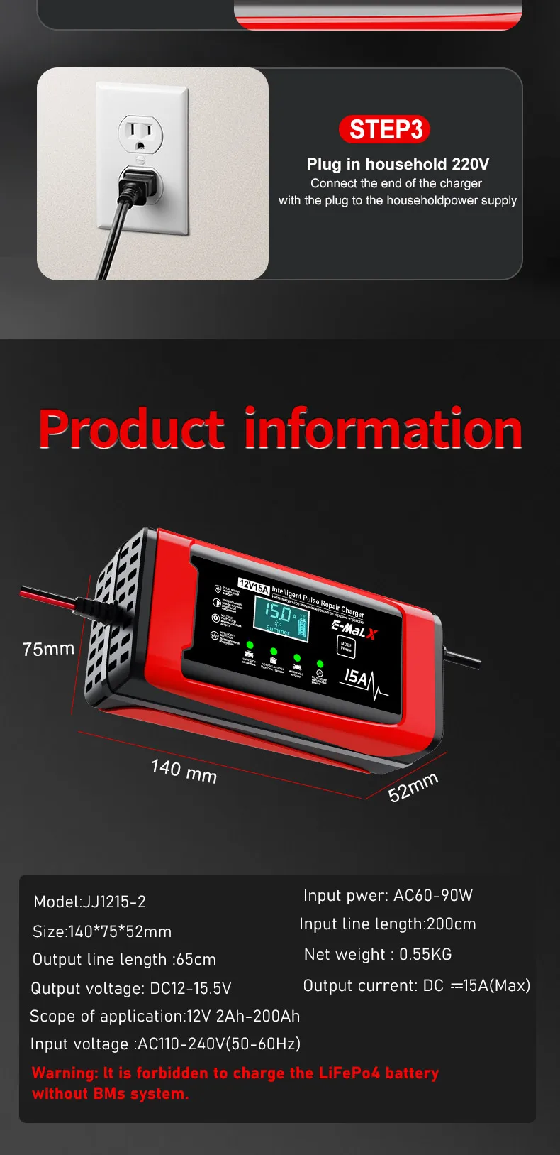 12V 15A Smart Auto Batterie Ladegerät 14,6V 15A Elektrische Motorräder Ladegerät Für Lifepo4 Blei Säure AGM GEL PB Lithium-Batterie Reparatur – Detail 21