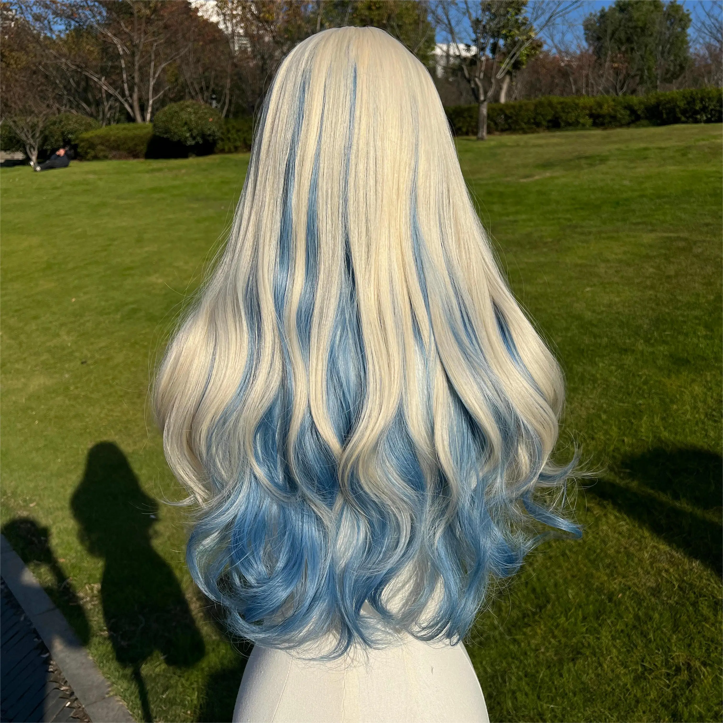 24 inch gold ice blue layered gradient straight bangs wavy curly hair suitable for party wearing synthetic fiber women's wigs