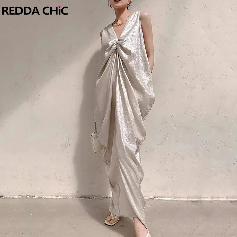 REDDACHiC Pearl Gloss Ruched Long Dress Women Casual Summer Solid Slit Loose Sleeveless V-neck Tank Dress Pretty Elegant Clothes