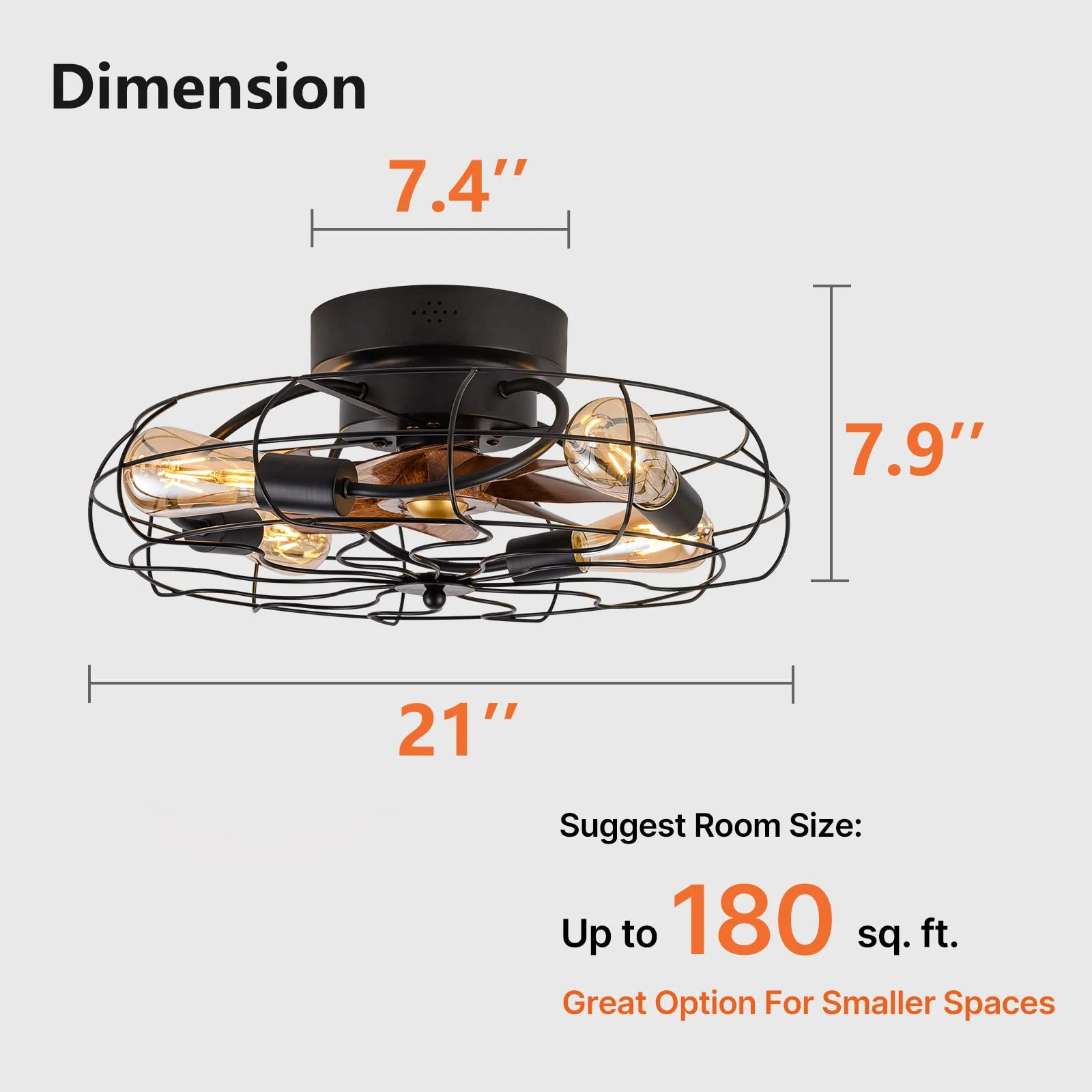 21' Low Profile Caged Ceiling Fan with Lights Remote Control, Bulb Not Included, Farmhouse Small Industrial Black Ceiling Light
