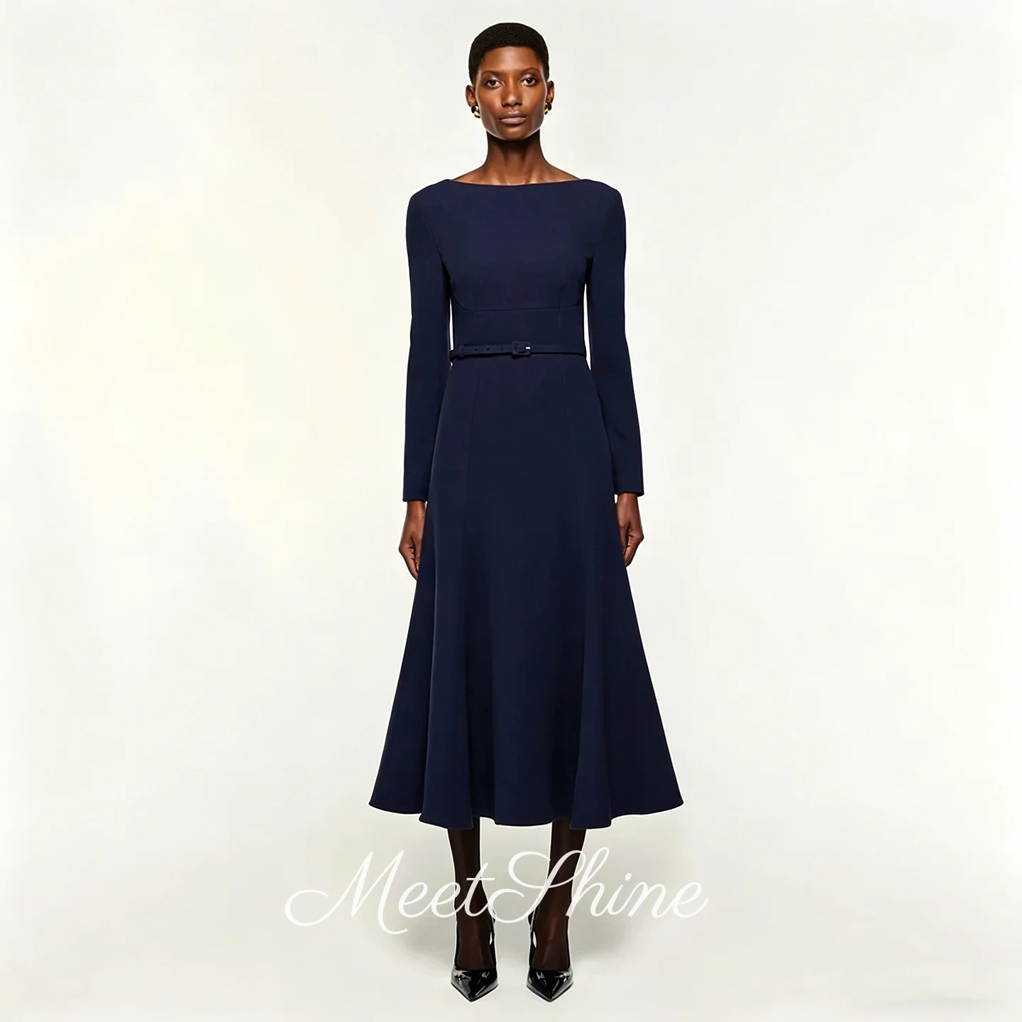 

Modern Dark Blue Boat Neck Mermaid Satin Prom Dresses Elegant Long Sleeves Tea Length Evening Dresses for Women Customized