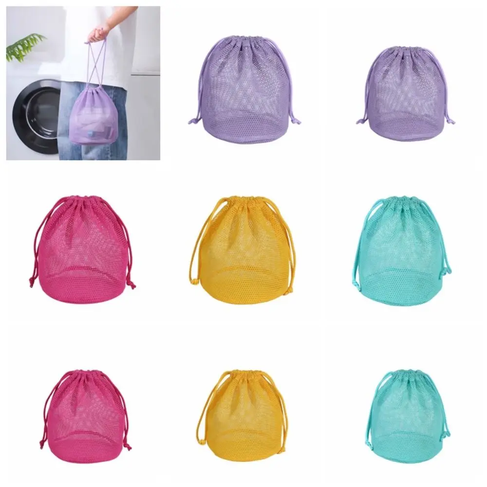 Saco de cordão de malha de náilon cor fluorescente oco para fora pacote respirável bolso transparente dobrável praia bolsa meninas