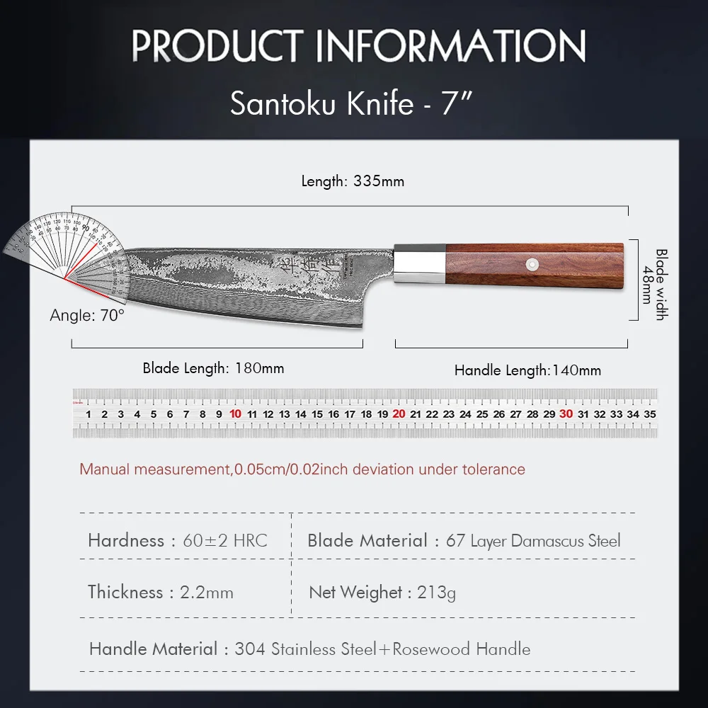 7-inch Japanese Style Santoku Knife 67 Layer Damascus Steel Kitchen Chef Knives Sharp Slicer Cleaver Hand Forged Cooking Tools