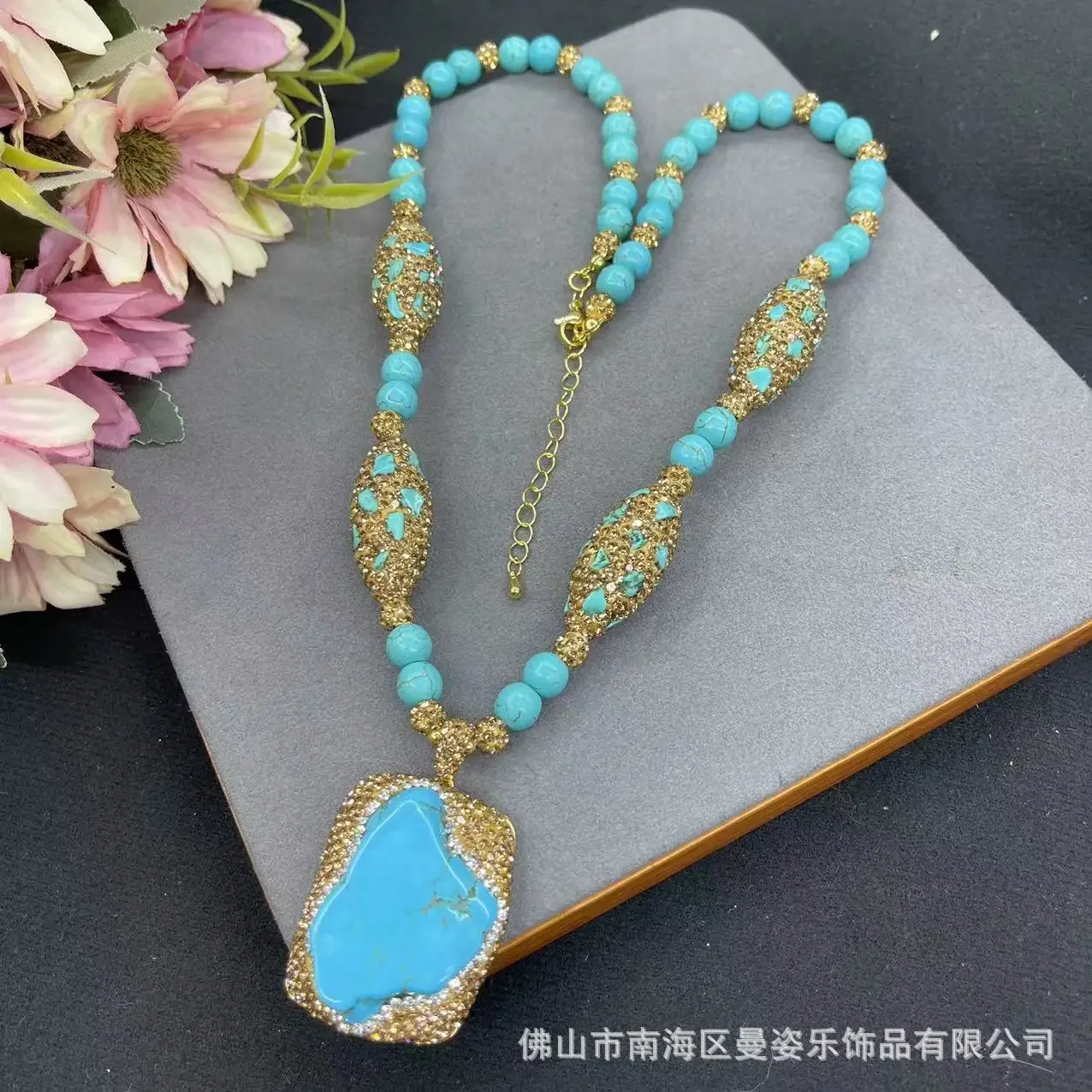 Square turquoise fashion necklace exaggerated sweater chain ethnic style original design natural stone jewelry
