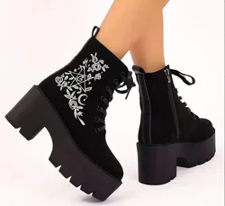 Women's Fashion Platform Ankle Boots, Floral Pattern Chunky Heeled Lace Up Combat Boots, All-Match Side Zipper Boots