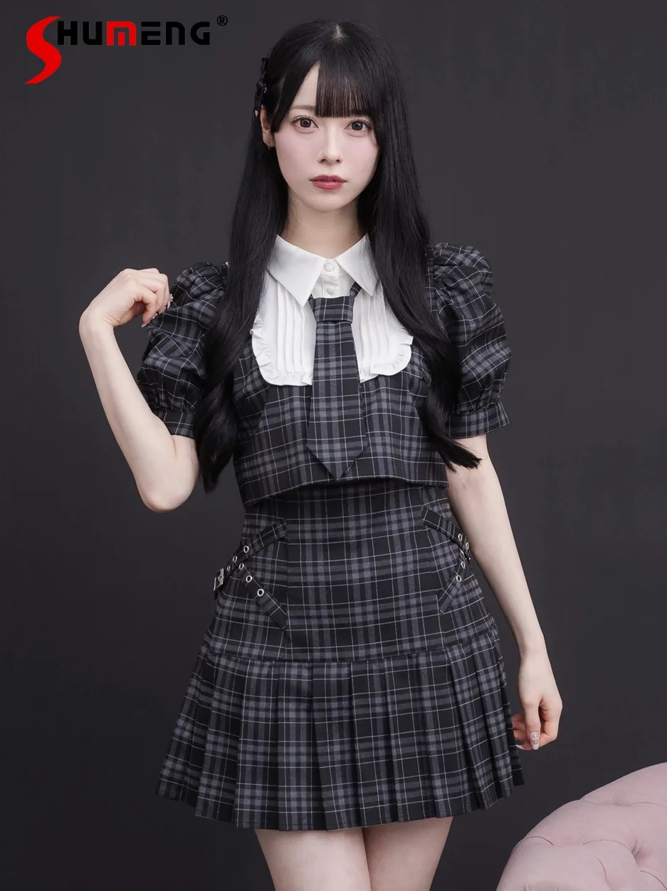 

Japanese Sweet Retro Preppy Style Polo Ruffle Patchwork Tie Short Tops High Waist Side Belt Pleated Skirts Two-Piece Set Women