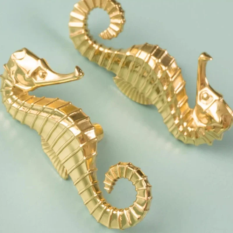 Kenop Kuningan Perlengkapan Furnitur Seri Laut Mediterania, Gagang Kabinet Kuningan Nordik Vintage, Gagang Tarik Kuningan Motif Kuda Laut