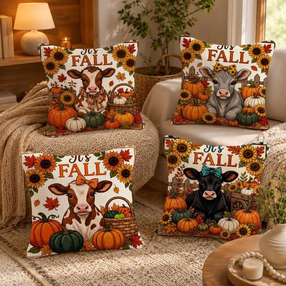 Thanksgiving Cow Pumpkin Cushion Cover Soft Short Plush Pillow Case Double Sided Print Washable Sofa Bed Home Decor Gift
