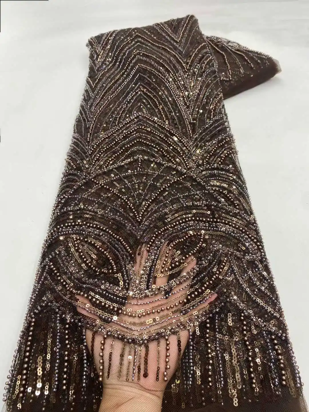 Wunderschöner nigerianischer Pailletten-Party-Spitzenstoff mit afrikanischen Perlen, 2026, hochwertiger 5 Yards afrikanischer französischer Tüll-Netz-Spitzenstoff