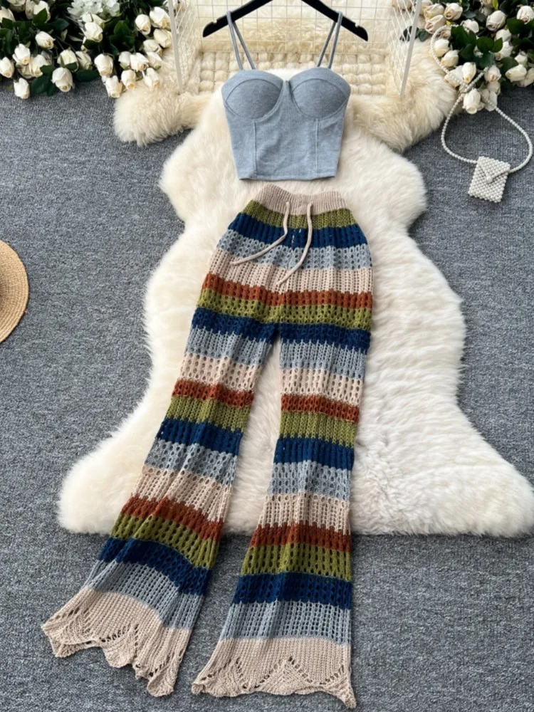 Women Sexy Sleeveless Short Strap Tops Vintage Colorful Striped Hollow Out Knitted Long Flare Pants Boho Beach Two Piece Suits