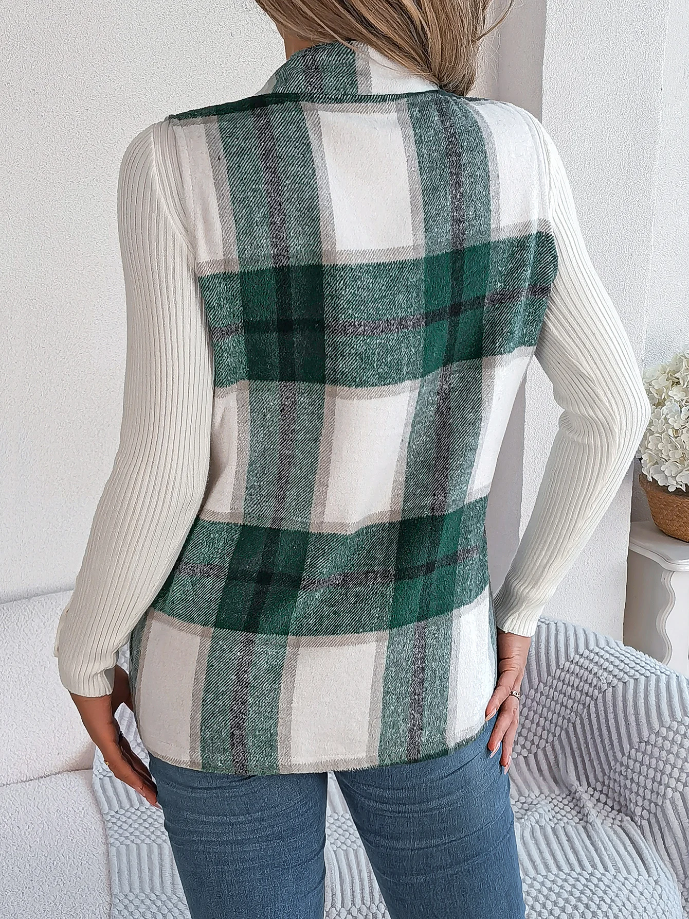 Autumn Winter Casual Color Block Plaid Sleeveless Woolen Jacket Vest Green Red Blue Khaki Women Coats