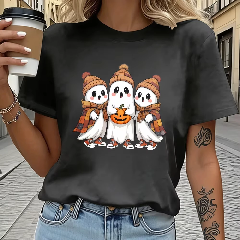 Fun Cozy Fall Trio Ghost Unisex Cotton Tops Plaid Scarf Beanie Ghost Streetwear Warm Autumn Holiday Vibe Halloween Casual Tops