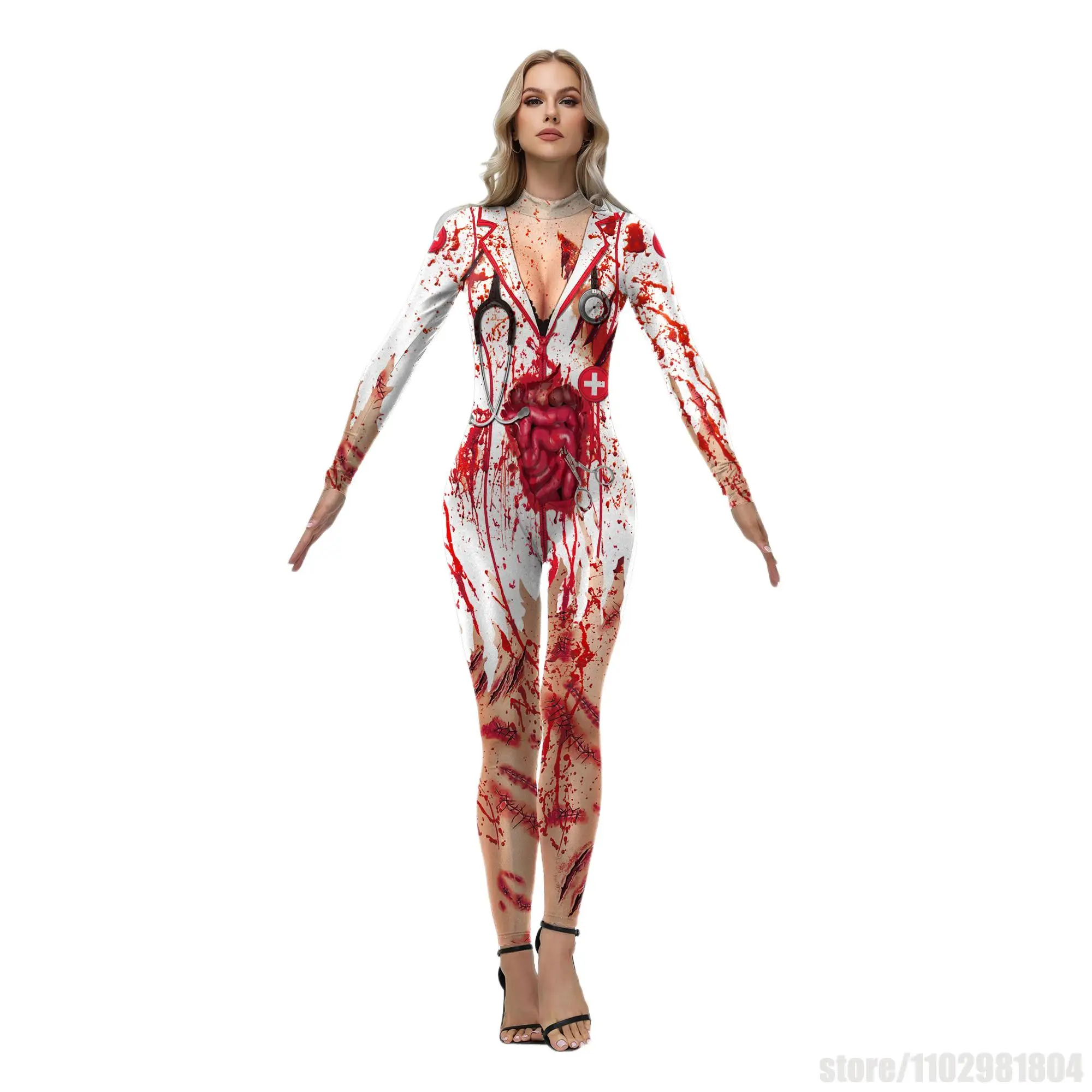 血まみれの吸血鬼ボディスーツ ハロウィン ゾンビ コスプレ衣装 カーニバル ゼンタイスーツ レディースジャンプスーツ 死者の日パーティー服