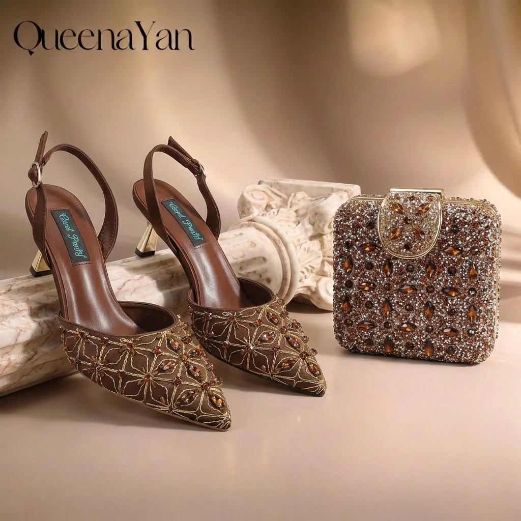 Elegant Brown Crystal Beaded Embroidery High Heel Shoes and Purse Set, Slingback Pointy Toe Heels for Nigerian Party Occasions