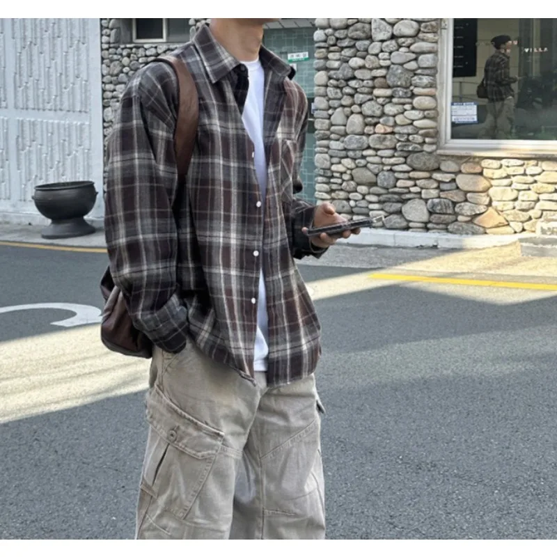 2026 Retro Style Plaid Long-sleeved Shirt Men's Spring and Autumn Loose Casual Shirt Korean Lazy Style Commuting Wear