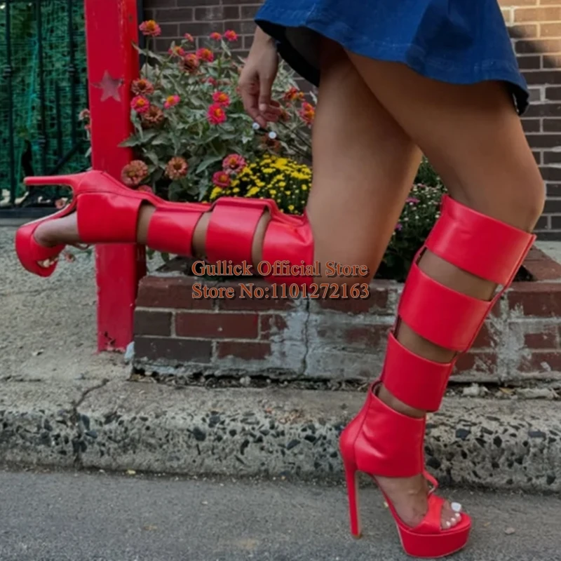 Roma Style Open Toe T Straps Women Sandals Boots Black Red Matte Leather Platform Heeled Hollow Knee High Boots Plus Size 46