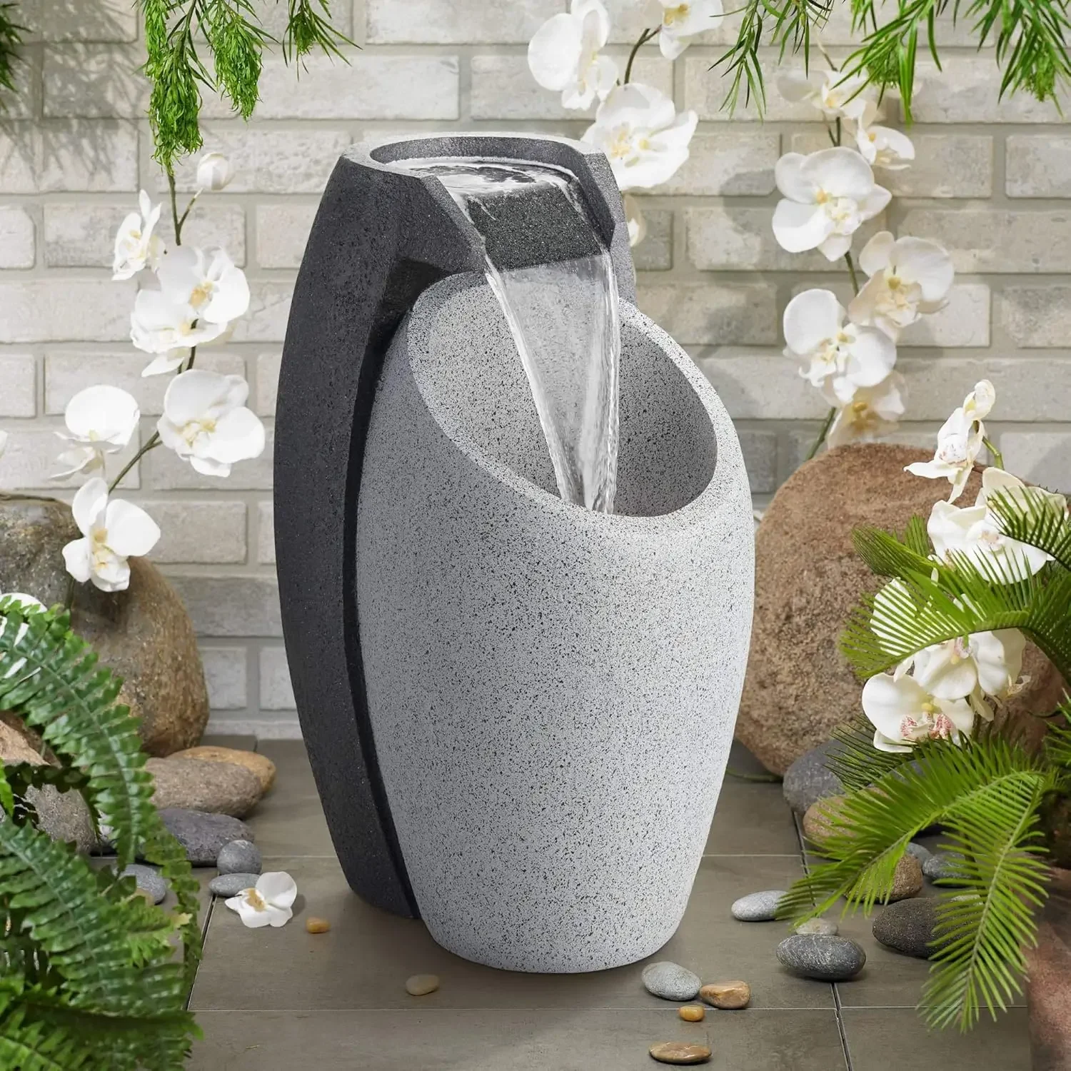 Waterfall Modern Outdoor Floor Water Fountain with LED Light Plug-in Gray Black Faux Stone 25