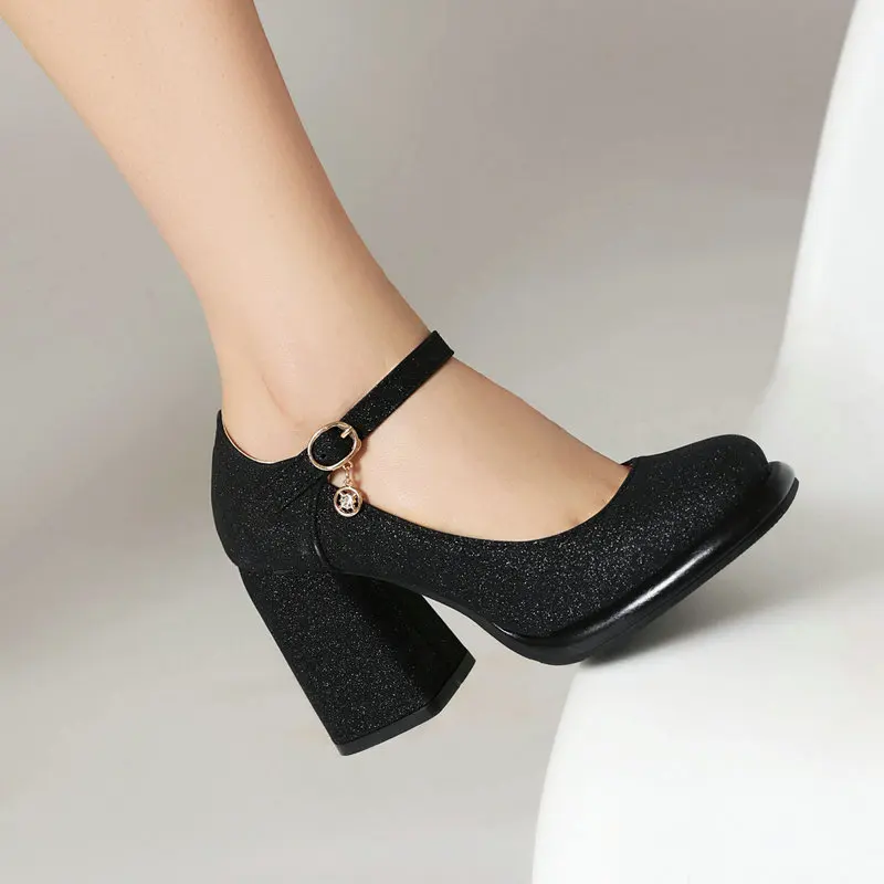 بريق بلينغ البريق الذهب والفضة مغلق تو مشبك حزام امرأة مضخات سيدة الربيع أحذية مكتنزة عالية الكعب ماري جينس أحذية الحفلات #4